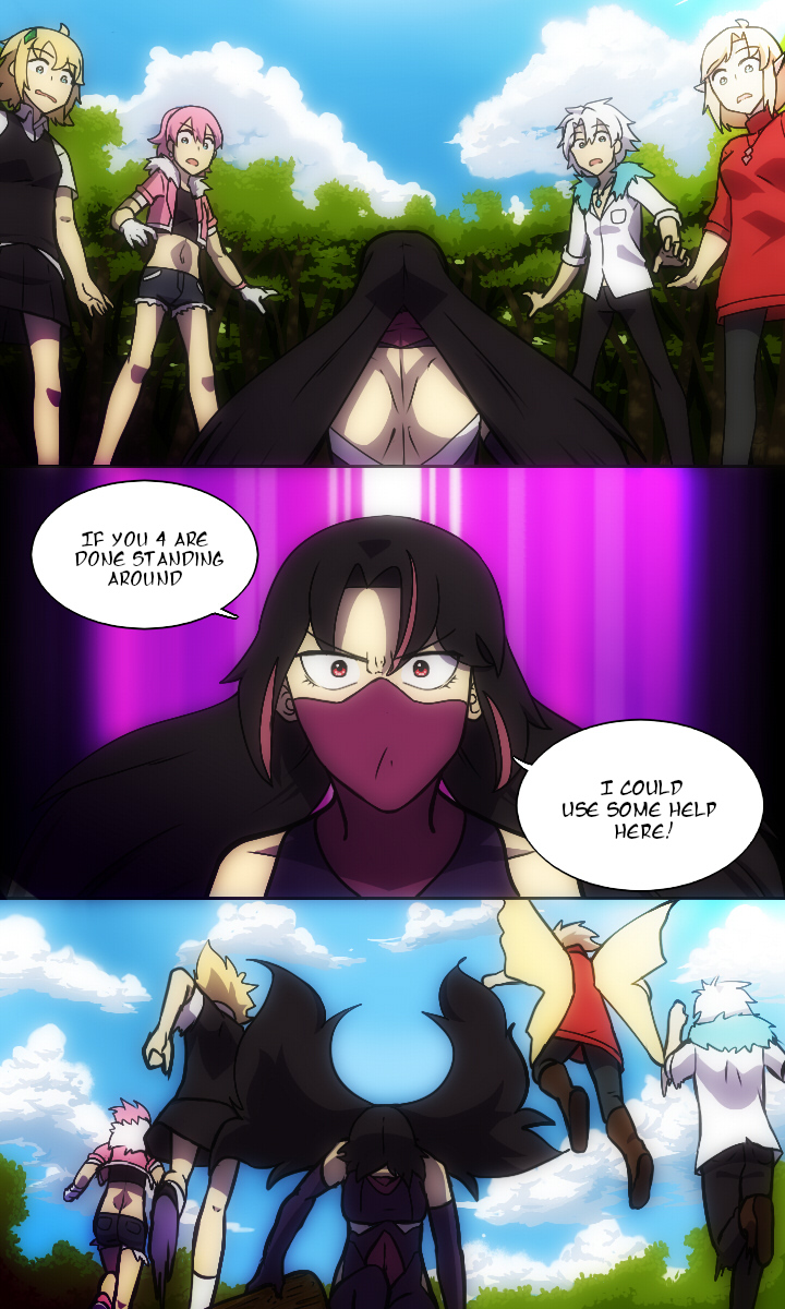 1boy 4girls backless_outfit black_hair black_shirt blonde_hair blue_eyes bodysuit breasts brother_and_sister brown_footwear clouds detached_sleeves english_text fate/grand_order fate_(series) forest highres lazyartlazy12 log mask medium_breasts midriff mouth_mask multicolored_hair multiple_girls nature open_mouth original pink_hair purple_hair red_eyes red_shirt shirt shorts siblings sisters skirt speech_bubble white_hair white_shirt wings