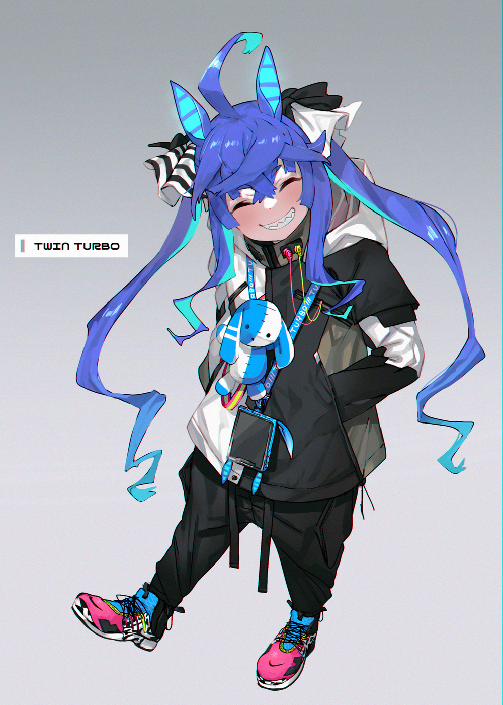 1girl acronym_(brand) ahoge animal_ears aqua_hair black_pants blue_hair bow cellphone character_name closed_eyes collagen commentary_request crossed_bangs earphones earphones facing_viewer full_body grey_background grin hair_bow hands_in_pockets head_tilt highres hood hooded_jacket horse_ears horse_girl jacket lanyard leg_up long_hair multicolored_clothes multicolored_footwear multicolored_hair multicolored_jacket nike_(company) nike_air_presto pants phone phone_with_ears sharp_teeth shoes sidelocks simple_background smartphone smartphone_case smile sneakers solo standing standing_on_one_leg striped_bow stuffed_animal stuffed_rabbit stuffed_toy teeth twin_turbo_(umamusume) twintails two-tone_hair two-tone_jacket umamusume very_long_hair