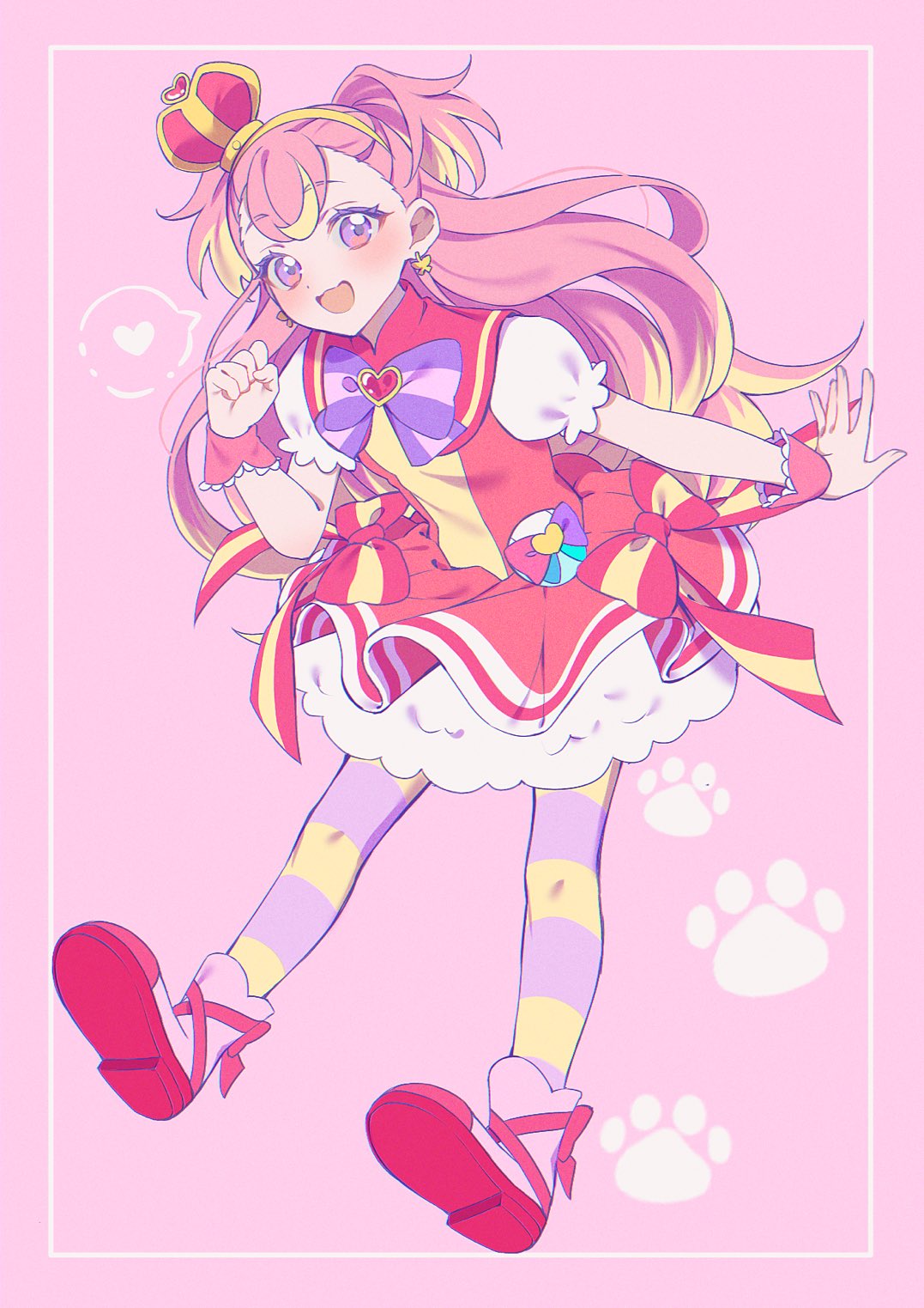 1girl :3 blonde_hair clenched_hand crown cure_wonderful dot_nose dress floating hand_up heart highres inukai_komugi layered_dress legs_apart long_hair looking_at_viewer magical_girl multicolored_hair mznk_81 open_mouth outline paw_print pink_background pink_footwear pink_hair precure puffy_short_sleeves puffy_sleeves purple_thighhighs red_dress red_footwear short_dress short_sleeves simple_background solo spoken_heart thigh-highs two-tone_hair two-tone_thighhighs two_side_up violet_eyes white_outline wonderful_precure! yellow_thighhighs