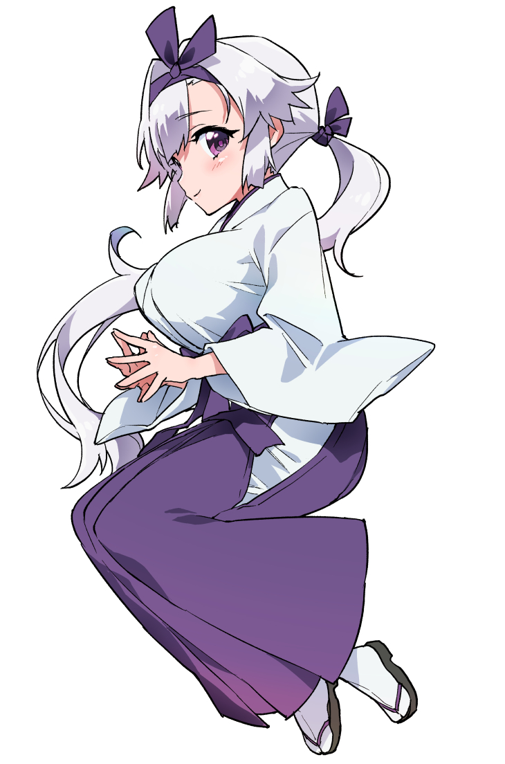 1girl breasts commentary_request from_side full_body hairband hakama huge_breasts japanese_clothes long_hair mucha_(muchakai) original ponytail profile purple_hairband purple_hakama sandals socks solo steepled_fingers very_long_hair violet_eyes white_hair white_socks wide_sleeves
