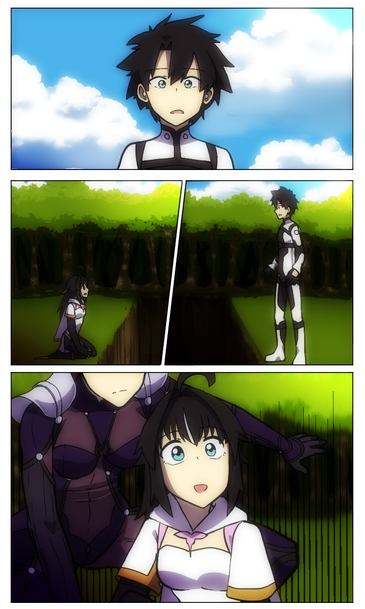 1boy 2girls black_hair blue_eyes bodysuit breasts closed_mouth clouds cloudy_sky fate/grand_order fate_(series) forest fujimaru_myriam fujimaru_ritsuka_(male) fujimaru_ritsuka_(male)_(chaldea_combat_uniform) highres kneeling large_breasts lazyartlazy12 multiple_girls nature open_mouth original purple_bodysuit scathach_(fate) shirt sky staring tree white_hair