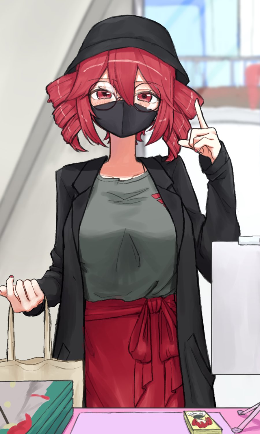 1girl alternate_costume bag black_coat black_headwear breasts bucket_hat coat drill_hair glasses green_shirt hair_between_eyes hat highres holding holding_bag index_finger_raised indoors kasane_teto large_breasts looking_at_viewer makisugi mask mouth_mask open_clothes open_coat red_eyes red_nails red_skirt redhead round_eyewear shirt skirt solo surgical_mask table tied_skirt twin_drills twintails upper_body utau yellow_bag