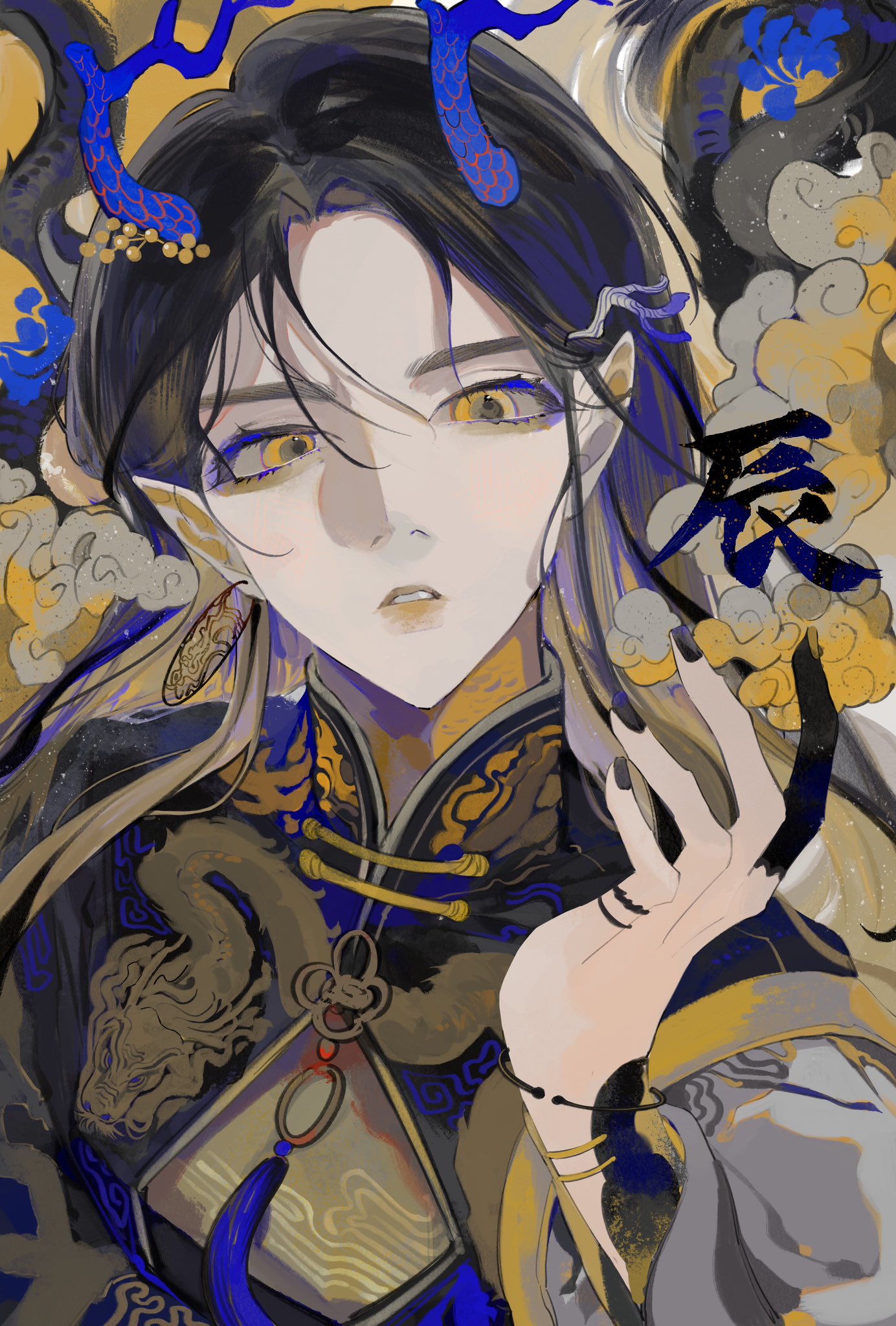 1boy antlers black_hair black_nails blonde_hair blue_background blue_eyeshadow blue_hair chinese_zodiac cleavage_cutout clothing_cutout colored_sclera dragon_boy dragon_print eyeshadow gradient_hair grey_sclera hair_between_eyes hand_up highres horns limited_palette long_hair long_sleeves looking_at_viewer makeup male_focus mandarin_collar multicolored_background multicolored_hair new_year original parted_lips pointy_ears ponn_mame solo tassel translation_request upper_body whorled_clouds year_of_the_dragon yellow_background yellow_eyes yellow_nails
