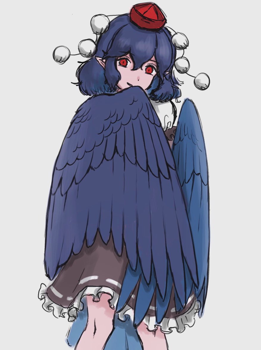 1girl bare_legs black_hair black_skirt black_wings channel_ikihaji closed_mouth feathered_wings frilled_skirt frills grey_background hat looking_at_viewer medium_hair pointy_ears pom_pom_(clothes) red_eyes red_headwear ribbon-trimmed_skirt ribbon_trim shameimaru_aya sidelocks simple_background sketch skirt solo standing tokin_hat touhou wings
