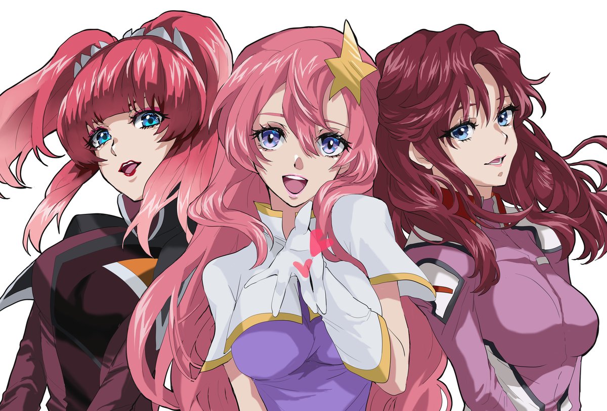 3girls agnes_giebenrath blue_eyes breasts flay_allster gloves gundam gundam_seed gundam_seed_destiny gundam_seed_freedom hair_ornament kitsuyuu26 large_breasts lipstick long_hair looking_at_viewer makeup meer_campbell military military_uniform multiple_girls open_mouth pink_hair redhead smile star_(symbol) star_hair_ornament twintails uniform upper_body