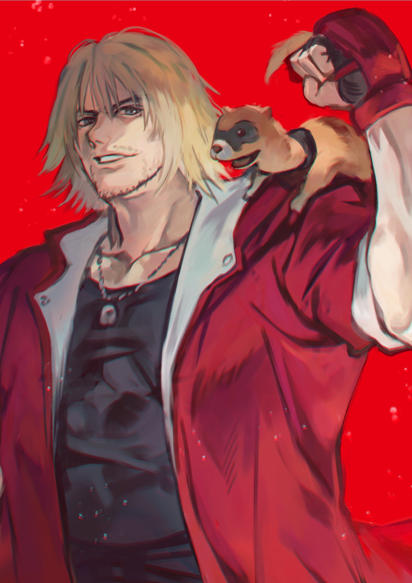 1boy animal black_gloves black_tank_top blonde_hair clenched_hand facial_hair fingerless_gloves gloves highres jacket jewelry ken_masters looking_at_viewer male_focus muscular muscular_male necklace open_clothes open_jacket otsudou red_background red_jacket short_hair simple_background smile street_fighter street_fighter_6 tank_top