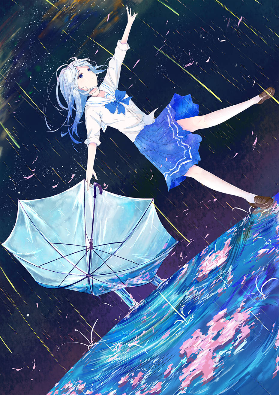 1girl 999kun arm_up bare_legs blue_bow blue_bowtie blue_eyes blue_hair blue_skirt blue_umbrella bow bowtie brown_footwear closed_mouth highres loafers long_hair looking_up multicolored_hair night night_sky open_hand original outstretched_arms petals petals_on_liquid rain sailor_collar school_uniform serafuku shoes skirt sky sleeves_rolled_up standing standing_on_one_leg star_(sky) streaked_hair umbrella uniform water white_sailor_collar white_serafuku