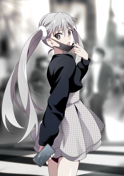 1girl adjusting_mask arm_behind_back black_sweater blurry blurry_background breasts brown_eyes casual cowboy_shot cracked_phone cracked_screen crosswalk damaged depth_of_field from_behind gesugesu_ahoaho grey_skirt hair_between_eyes hand_up holding holding_phone long_hair long_sleeves looking_at_viewer looking_back loose_hair_strand mask monogatari_(series) mouth_mask oikura_sodachi open_mouth owarimonogatari phone plaid plaid_skirt pleated_skirt raised_eyebrow scrunchie skirt small_breasts solo standing sweater twintails very_long_hair white_scrunchie