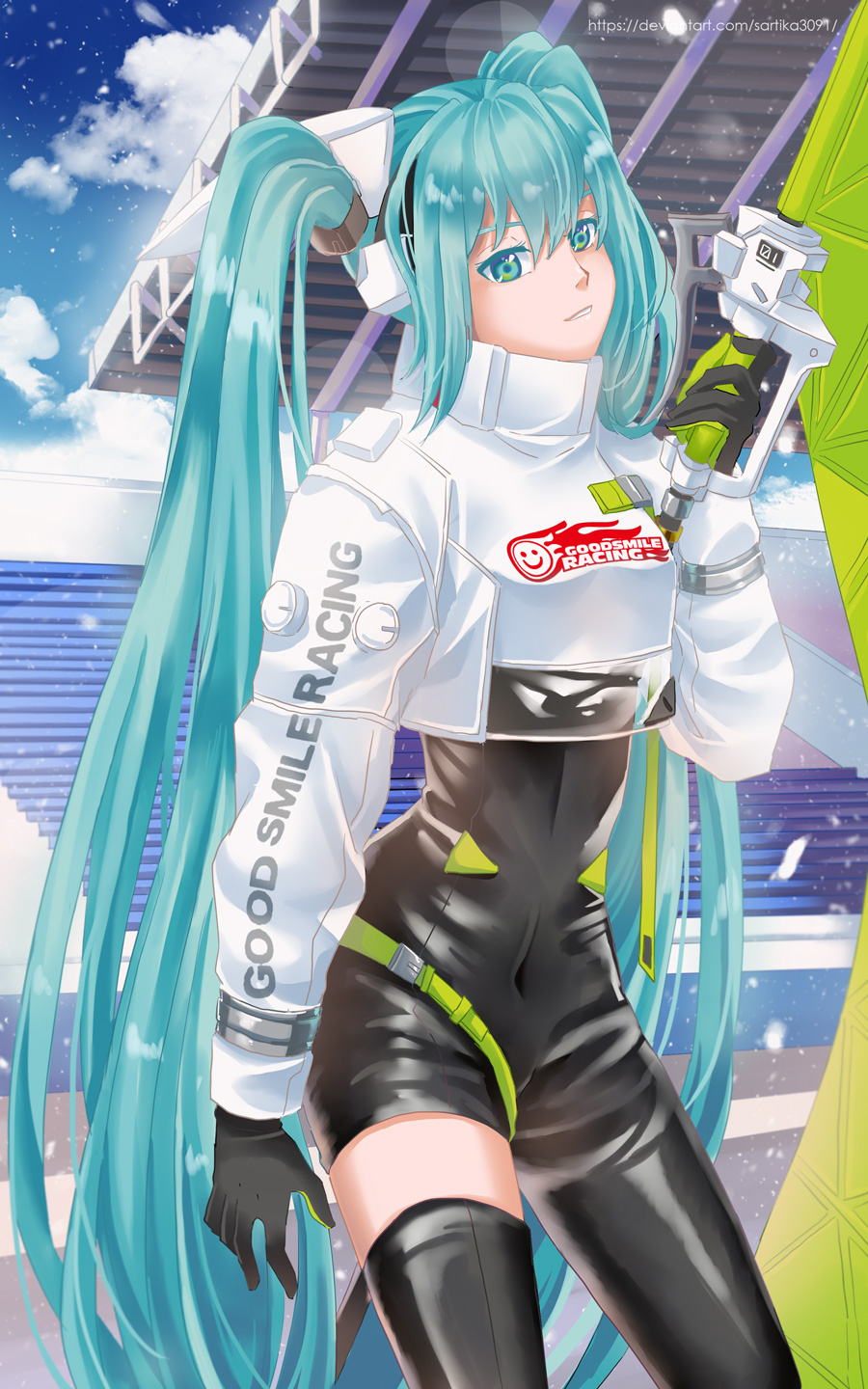 1girl black_bodysuit black_gloves black_thighhighs bodysuit clouds covered_navel cropped_jacket english_commentary flag gloves goodsmile_racing hatsune_miku head_tilt highres holding holding_flag jacket lens_flare long_hair looking_at_viewer official_alternate_costume parted_lips racetrack racing_miku racing_miku_(2022) sartika3091 single_thighhigh sky smile solo thigh-highs twintails very_long_hair vocaloid white_jacket