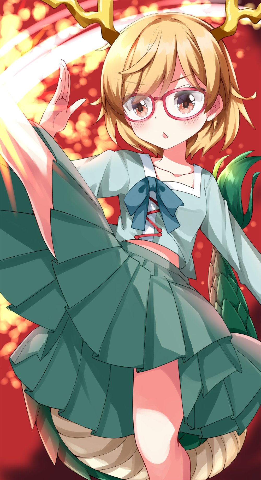 1girl :o antlers blonde_hair blue_bow blue_shirt bow collarbone commentary_request dragon_girl dragon_horns dragon_tail glasses green_skirt highres horns kicchou_yachie long_skirt midriff_peek pleated_skirt red-framed_eyewear ruu_(tksymkw) shirt skirt solo square_neckline tail touhou yellow_eyes yellow_horns