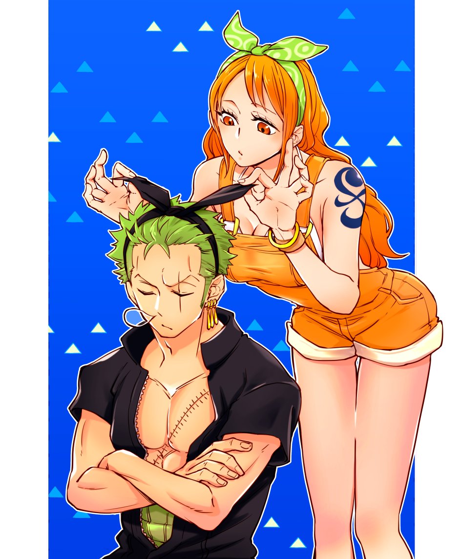 1boy 1girl adjusting_another's_hair arm_tattoo blue_background bracelet chabo_(niwatori_bosori) closed_eyes commentary_request crossed_legs earrings green_hair haramaki jewelry long_hair looking_down nami_(one_piece) one_piece one_piece:_stampede orange_eyes orange_hair overall_shorts overalls roronoa_zoro scar scar_across_eye scar_on_chest short_hair sidelocks sleeping tattoo triangle v-shaped_eyebrows