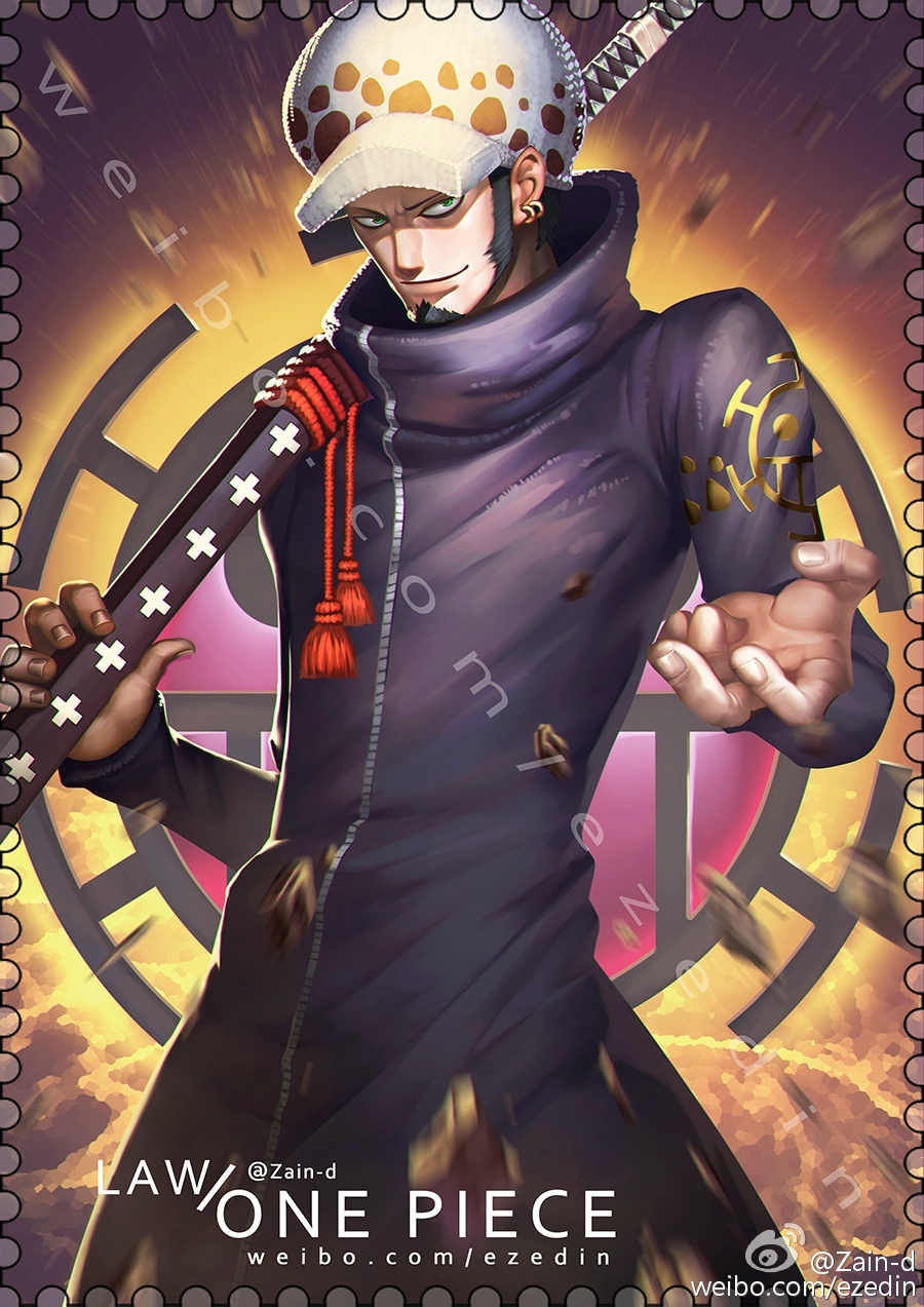 1boy artist_name black_hair character_name closed_mouth commentary_request earrings facial_hair fur_hat goatee hat highres holding holding_sword holding_weapon jewelry looking_at_viewer male_focus one_piece short_hair sideburns smile solo standing sword trafalgar_law weapon web_address weibo_logo weibo_username zhang_ding