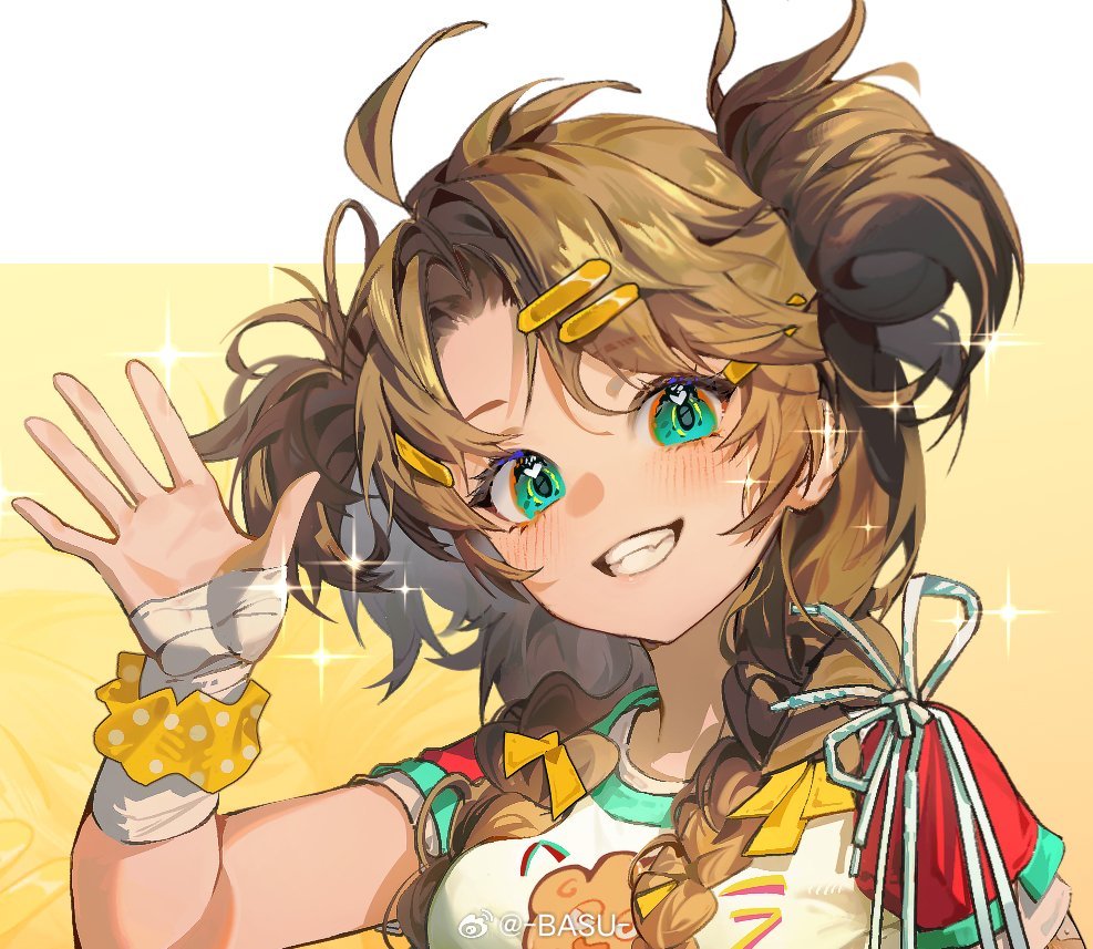 1girl bandaged_hand bandaged_wrist bandages basu19203696 brown_hair cropped double_bun green_eyes grin hair_bun hair_ornament hair_over_shoulder hairclip hand_up long_hair looking_at_viewer low_twintails open_hand portrait reverse:1999 scrunchie shirt short_sleeves smile solo sparkle spathodea_(reverse:1999) t-shirt teeth twintails two-tone_background waving weibo_logo weibo_username white_background white_shirt wrist_scrunchie yellow_background yellow_scrunchie