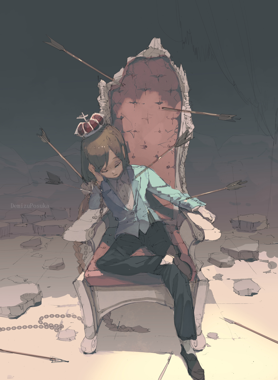 1girl arm_rest arrow_(projectile) artist_name black_pants blue_shirt brown_hair buttons chain chair closed_eyes closed_mouth crossed_legs crown dark_background demizu_posuka hand_on_own_cheek hand_on_own_face highres long_sleeves on_chair original pants rock rubble shirt short_hair sitting solo throne tile_floor tiles white_shirt