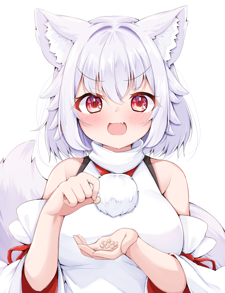 1girl animal_ear_fluff animal_ears bare_shoulders beans blush breasts detached_sleeves fang grey_hair hair_between_eyes inubashiri_momiji large_breasts open_mouth pom_pom_(clothes) red_eyes rururiaru short_hair simple_background skin_fang smile solo tail touhou upper_body white_background white_sleeves wolf_ears wolf_tail