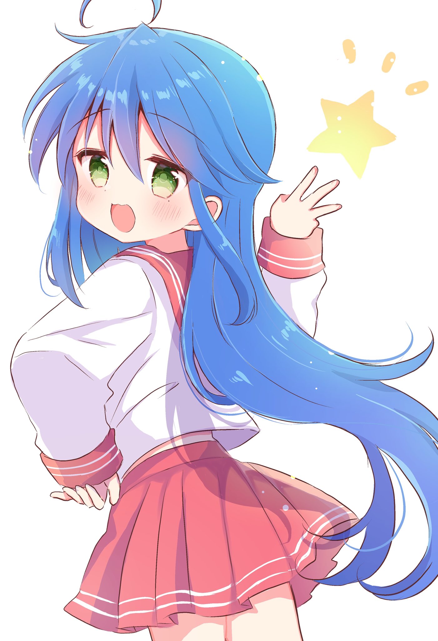 1girl :d ahoge blue_hair blush commentary_request cowboy_shot floating_hair from_behind green_eyes hair_between_eyes hand_on_own_hip hand_up happy highres izumi_konata long_hair looking_at_viewer looking_back lucky_star miniskirt mole mole_under_eye nanami_ayane_(kusunoki5050) notice_lines open_mouth pleated_skirt red_sailor_collar red_skirt sailor_collar school_uniform serafuku shirt sidelocks simple_background skirt sleeves_past_wrists smile solo star_(symbol) very_long_hair w white_background white_shirt