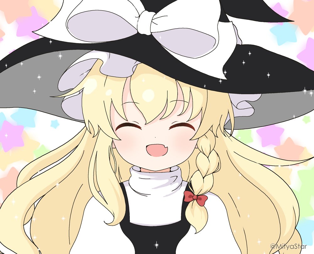 1girl :d ^_^ black_headwear black_vest blonde_hair bow braid closed_eyes commentary_request facing_viewer hair_bow hat hat_bow kirisame_marisa long_hair mitya red_bow shirt simple_background smile solo starry_background touhou turtleneck twitter_username upper_body vest white_background white_bow white_shirt witch_hat