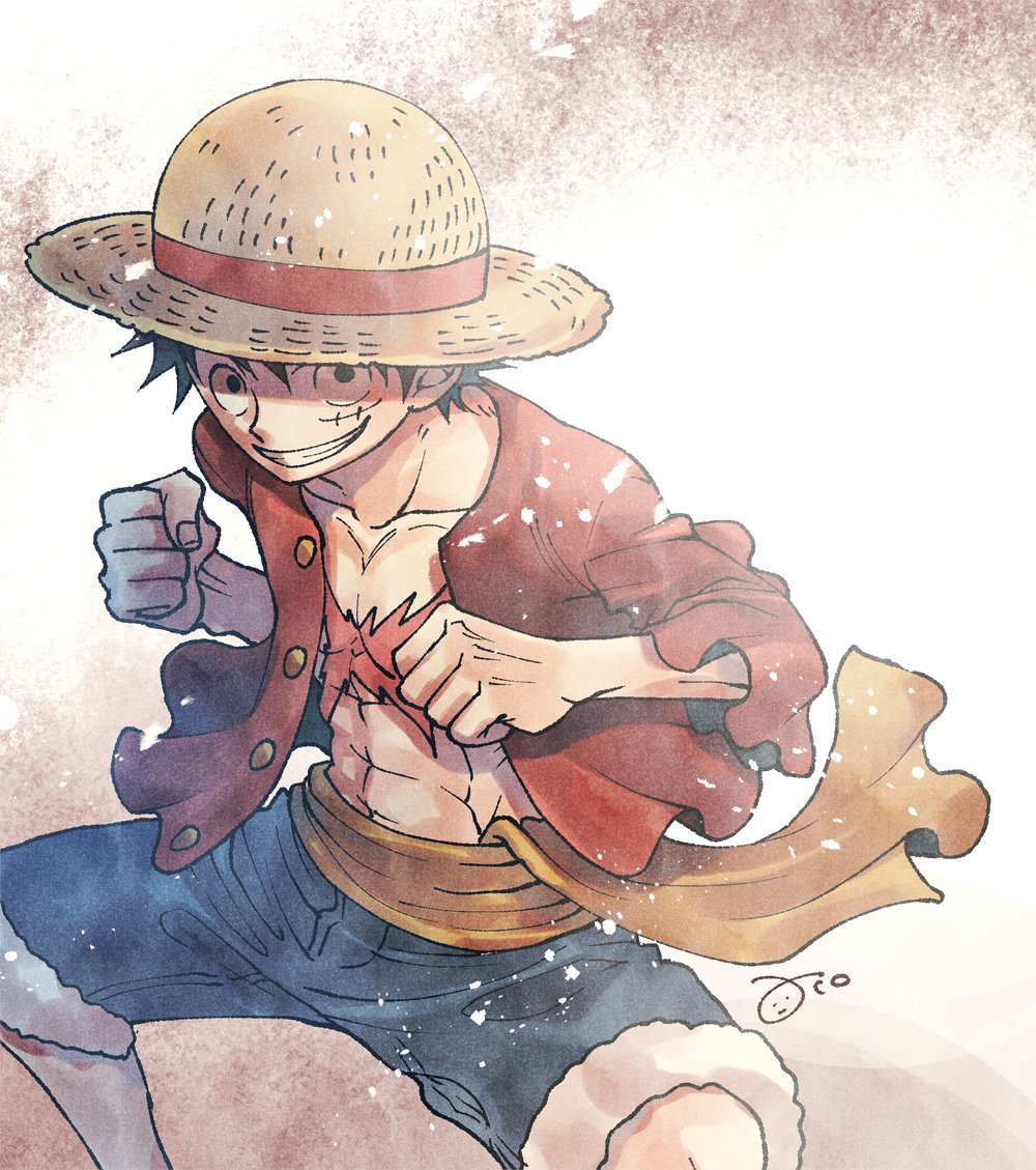 1boy abs aco_peda black_hair blue_shorts clenched_hands commentary_request cowboy_shot frilled_shirt frills hat looking_at_viewer male_focus monkey_d._luffy one_piece open_clothes open_shirt sash scar scar_on_chest scar_on_face shirt short_hair shorts signature simple_background smile solo straw_hat yellow_sash
