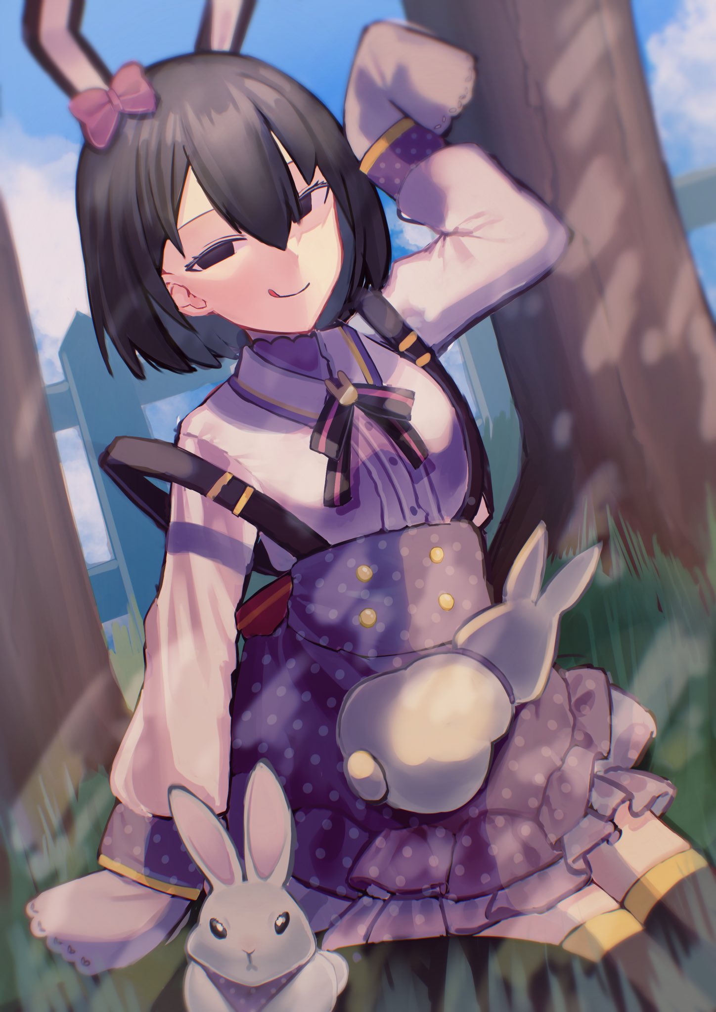 1girl :q animal_ears animal_on_lap arm_at_side black_bow black_bowtie black_eyes black_hair black_thighhighs blouse blue_skirt bob_cut bow bowtie breasts brooch closed_mouth clouds commentary cumulonimbus_cloud day dutch_angle easter empty_eyes eyelashes fence frilled_shirt frilled_skirt frills grass hair_between_eyes hair_bow hand_up highres jewelry licking_lips light_rays monogatari_(series) monogatari_series_puc_puc narrowed_eyes neckerchief on_ground on_lap oshino_ougi outdoors picket_fence polka_dot polka_dot_skirt purple_bow purple_neckerchief purple_skirt rabbit rabbit_brooch rabbit_ears shirt short_hair sitting skirt small_breasts solo sunbeam sunlight suspender_skirt suspenders t33h8703 thigh-highs tongue tongue_out very_long_sleeves white_rabbit_(animal) white_shirt wooden_fence zettai_ryouiki