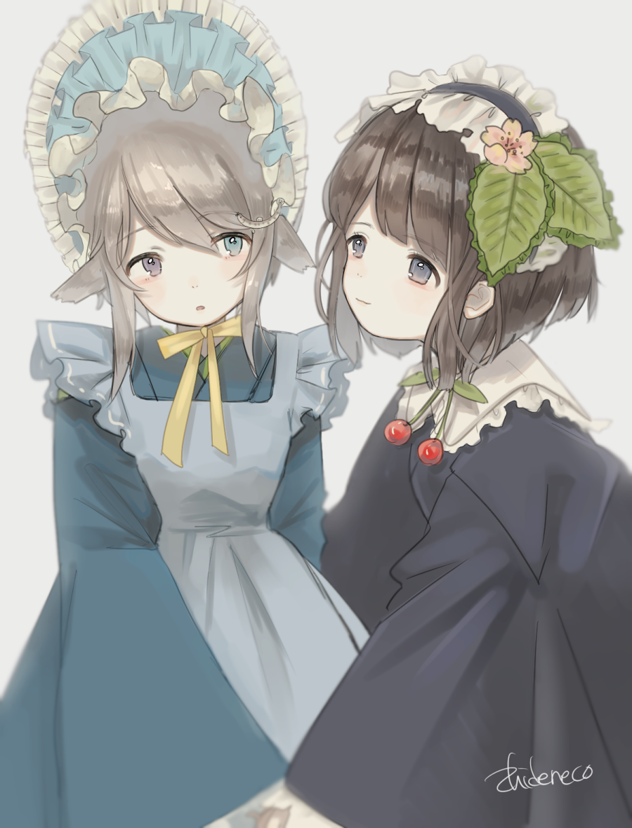 2girls animal_ears black_dress black_eyes black_hairband blue_dress blue_eyes blurry bow bowtie brown_hair cherry closed_mouth commentary depth_of_field dress food frilled_hairband frilled_shirt_collar frills fruit grey_background grey_hair hair_ornament hairband headdress heterochromia holding_hands leaf leaf_hair_ornament looking_at_another medium_hair multiple_girls nekoniku_(neko_1013) nostrils original parted_lips sidelocks signature simple_background symbol-only_commentary upper_body violet_eyes yellow_bow yellow_bowtie