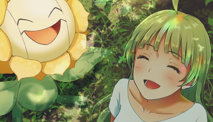 1girl ^_^ ahoge blunt_bangs character_request closed_eyes collarbone commentary_request crossover eyelashes flower grass green_hair idolmaster idolmaster_million_live! light_blush long_hair lower_teeth_only open_mouth outdoors pokemon pokemon_(creature) shade shimabara_elena shirt short_sleeves smile t-shirt teeth upper_body white_shirt white_sleeves witoi_(roa) yellow_flower