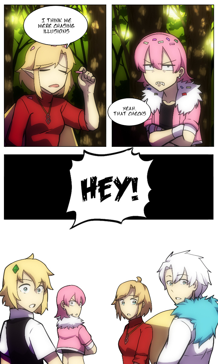 angry black_shirt blonde_hair blue_eyes breasts brother_and_sister chaldea_logo closed_eyes confetti english_text fate/grand_order fate_(series) forest gloves highres lazyartlazy12 nature open_mouth original petals pink_hair redhead shirt siblings sisters speech_bubble white_gloves white_hair wings