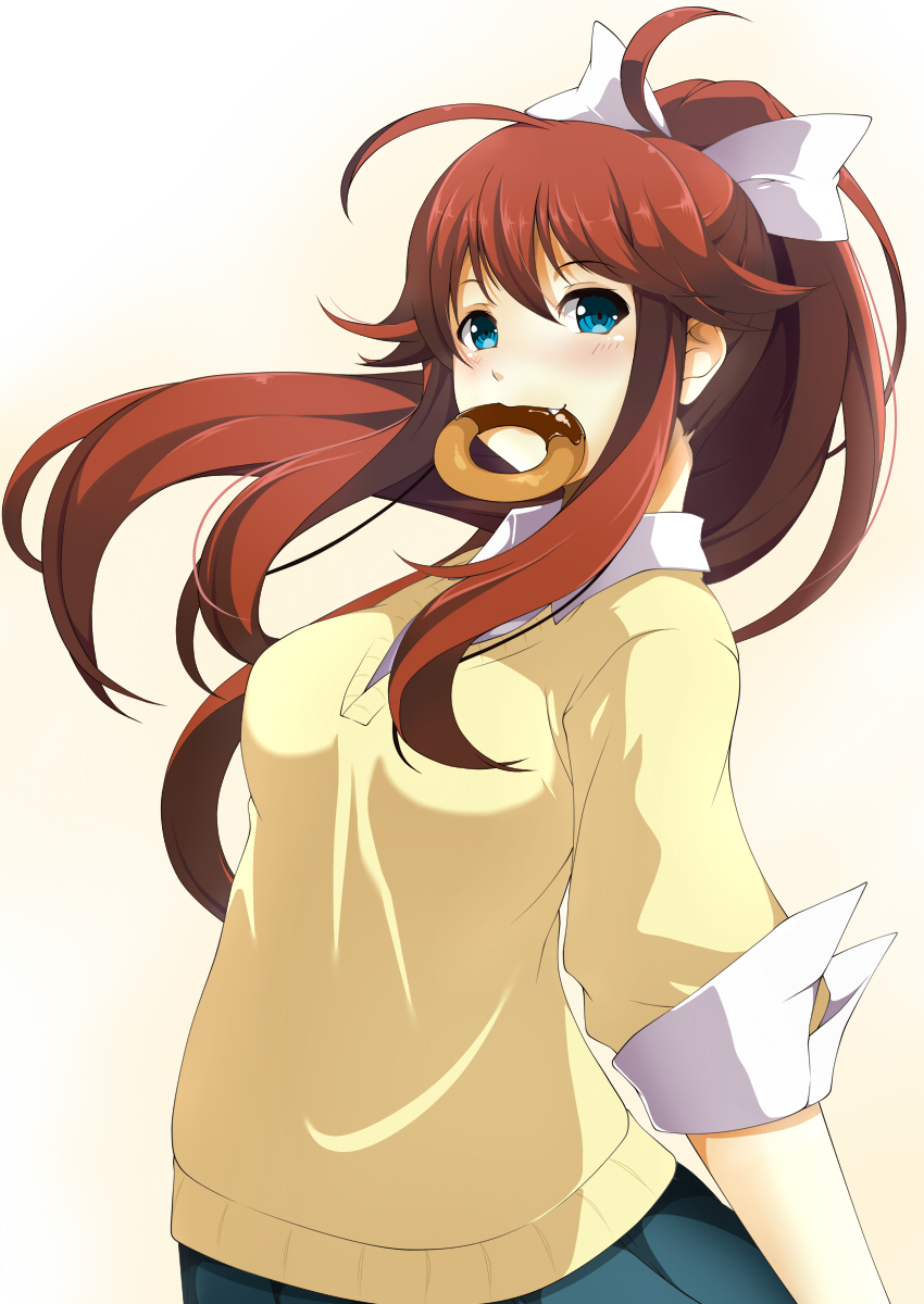 1girl arms_behind_back blue_eyes blue_skirt blush bow brown_hair doughnut fang food food_in_mouth from_side hair_bow highres looking_at_viewer miyabi_(miura105) moe_musume mouth_hold pixiv shirt simple_background skirt solo sweater white_background white_bow white_shirt white_sweater