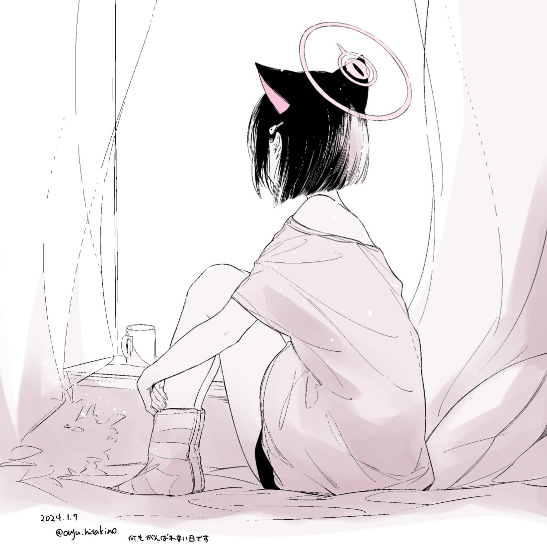 1girl animal_ears bare_shoulders blue_archive bob_cut cat_ears cup curtains dated extra_ears from_behind hugging_own_legs kazusa_(blue_archive) knees_up mug off-shoulder_shirt off_shoulder on_bed pillow pink_hair pink_theme saki_hajime shirt short_hair sitting socks solo striped_clothes striped_socks twitter_username windowsill