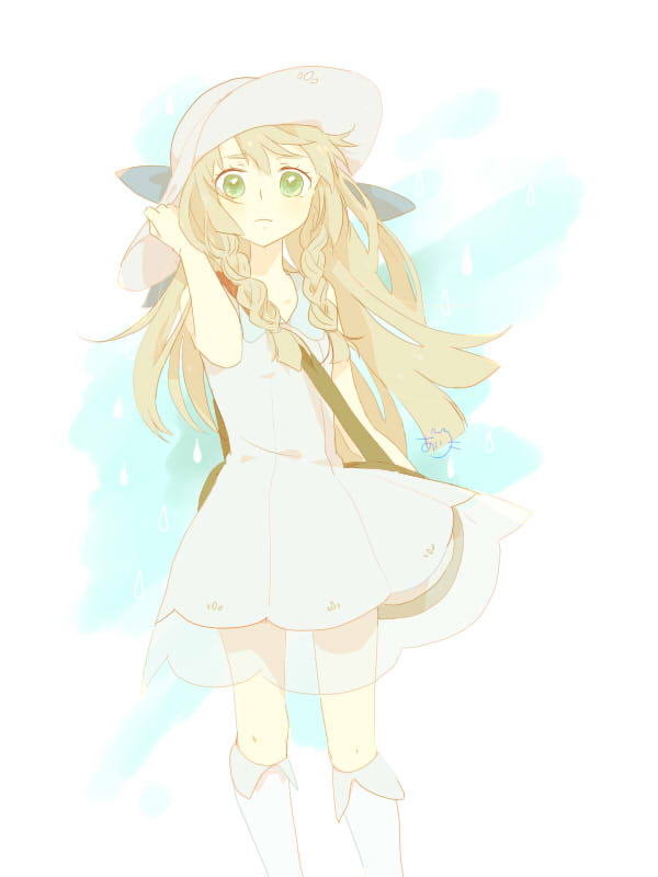 1girl ai_ne_ko blonde_hair blue_background bow braid breasts closed_mouth dress green_eyes grey_dress grey_headwear hand_up hat hat_bow lillie_(pokemon) long_hair looking_at_viewer pokemon pokemon_sm signature small_breasts solo standing sun_hat sundress twin_braids two-tone_background white_background white_dress