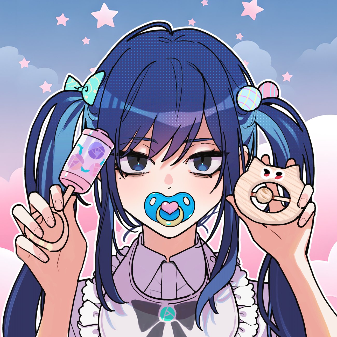 1girl ado_(utaite) black_eyes blue_bow blue_hair bow chando_(ado) cloud_nine_inc commentary_request hair_bow hands_up highres long_hair looking_at_viewer mole mole_under_eye outline pacifier portrait riseno sidelocks solo twintails utaite white_outline