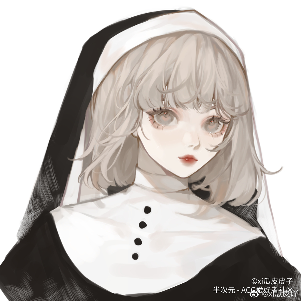 1girl bcy_username black_dress black_vest blonde_hair buttons capelet chinese_commentary closed_mouth collared_capelet commentary_request dress expressionless eyelashes grey_eyes habit high_collar lipstick looking_at_viewer makeup mascara medium_hair nun original red_lips simple_background solo traditional_nun upper_body vest watermark weibo_logo weibo_username white_background white_capelet xi_guapi