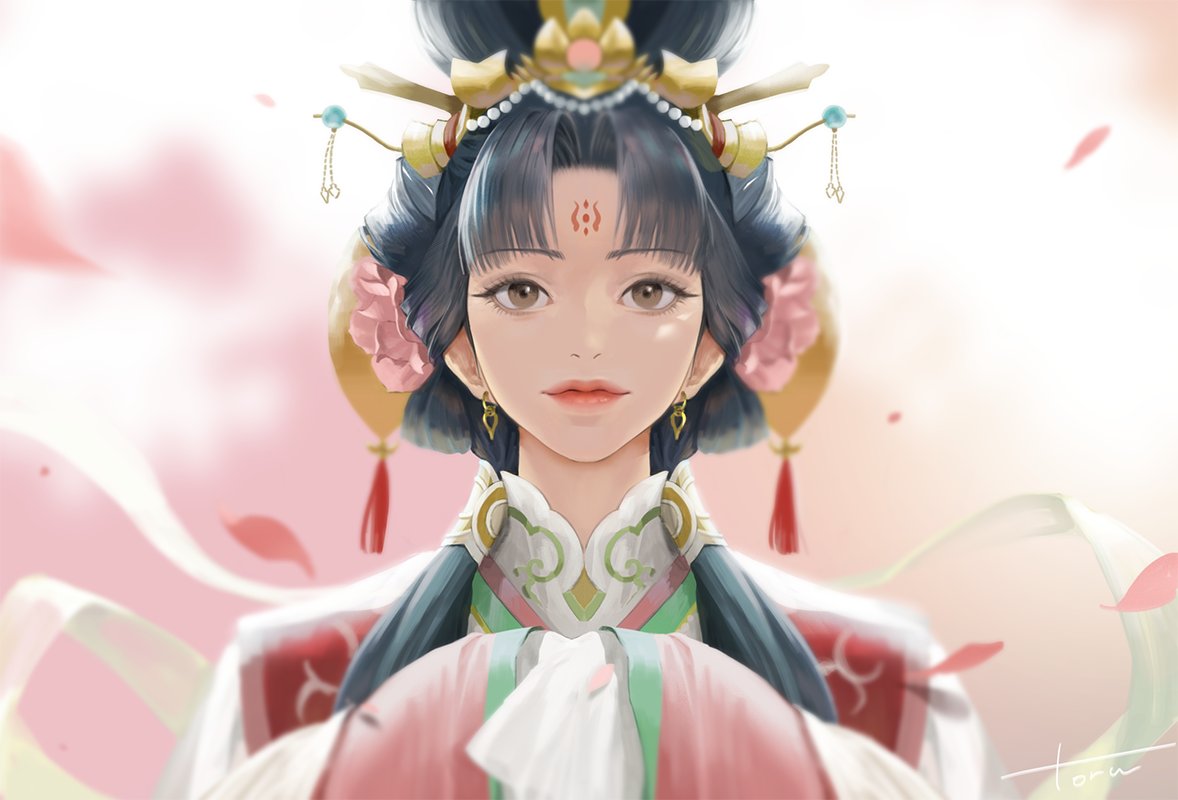 1girl black_hair blurry brown_eyes chinese_clothes closed_mouth commentary_request depth_of_field earrings eyelashes facial_mark falling_petals floating_clothes flower forehead_mark hagoromo hair_bun hair_flower hair_ornament hair_over_shoulder hair_stick half_updo hands_in_opposite_sleeves hands_up hanfu jewelry korean_commentary kou_shuurei lipstick long_hair looking_at_viewer makeup motion_blur petals pink_background pink_flower pink_theme red_lips saiunkoku_monogatari shawl signature smile solo straight-on tassel tassel_hair_ornament upper_body v_anilla_lattee very_long_sleeves white_background wind