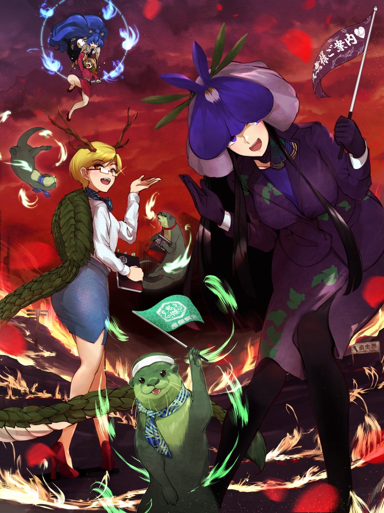 13-gou 4girls black_hair black_pantyhose blonde_hair blue_skirt book breasts dragon_girl dragon_horns dragon_tail fire flag flower flower_on_head glasses green_scales high_heels holding holding_book holding_flag horns kicchou_yachie looking_at_viewer multicolored_background multiple_girls open_mouth orchid otter_spirit_(touhou) pantyhose purple_shirt red_background red_eyes red_footwear shell shirt skirt smile tail touhou violet_eyes white_shirt yomotsu_hisami yorigami_jo'on yorigami_shion