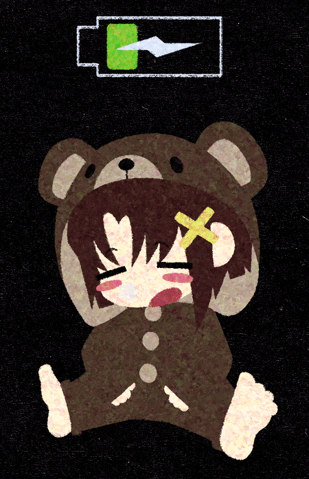 1girl animal_costume animated animated_gif asymmetrical_bangs barefoot battery_indicator bear_costume black_background blush_stickers brown_hair closed_eyes commentary cryptidhermit full_body hair_ornament hood hood_up iwakura_lain long_sleeves looping_animation no_nose nose_bubble serial_experiments_lain short_hair snoring solo x_hair_ornament