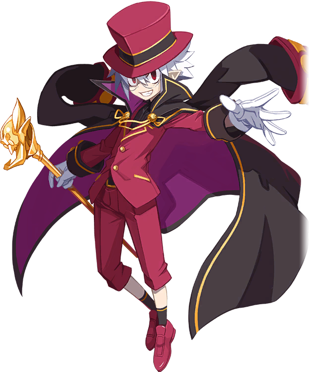 1boy cane cape demon_boy disgaea disgaea_rpg formal full_body glasses gloves hair_between_eyes hat holding holding_cane long_sleeves male_focus mao_(disgaea) official_art pants pointy_ears red_headwear red_pants red_suit smile socks solo suit teeth top_hat transparent_background white_gloves white_hair