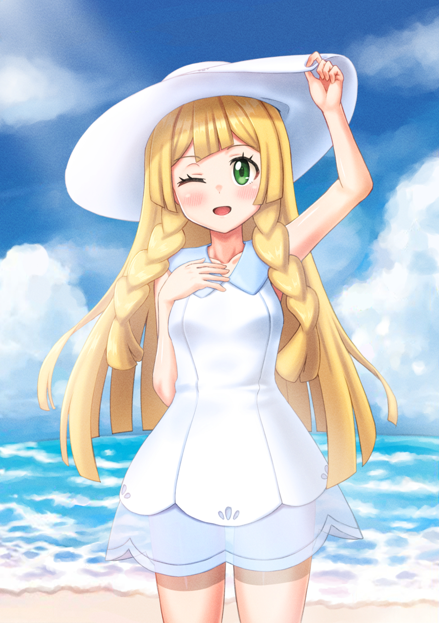 1girl ;d arm_up blonde_hair blush braid clouds collared_dress commentary_request day dress els_(ljhlee12) eyelashes green_eyes hand_on_headwear hand_up hat highres korean_commentary lillie_(pokemon) long_hair one_eye_closed open_mouth outdoors pokemon pokemon_sm sand shore sky sleeveless sleeveless_dress smile solo sun_hat twin_braids water white_dress white_headwear