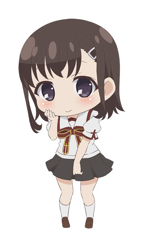 1girl black_eyes black_skirt blush boots brown_footwear brown_hair chibi closed_mouth commentary_request fate/kaleid_liner_prisma_illya fate_(series) full_body hair_ornament hairclip katsura_mimi kneehighs looking_at_viewer medium_hair no_nose official_art pleated_skirt puffy_short_sleeves puffy_sleeves school_uniform shirt shoes short_sleeves simple_background skirt smile socks solo standing white_background white_shirt white_socks