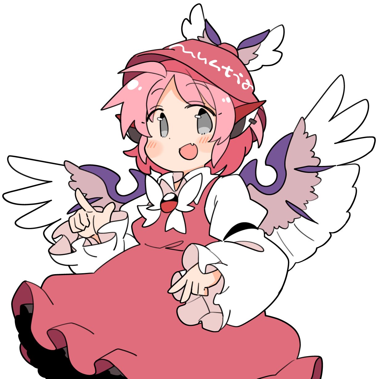 1girl animal_ears bird_ears bird_wings blush brown_dress brown_headwear collared_shirt dress earrings fang frilled_dress frills grey_eyes hat highres ini_(inunabe00) jewelry long_sleeves mystia_lorelei open_mouth pink_hair shirt short_hair simple_background single_earring skin_fang sleeves_past_fingers sleeves_past_wrists smile solo touhou white_background white_shirt white_wings winged_hat wings