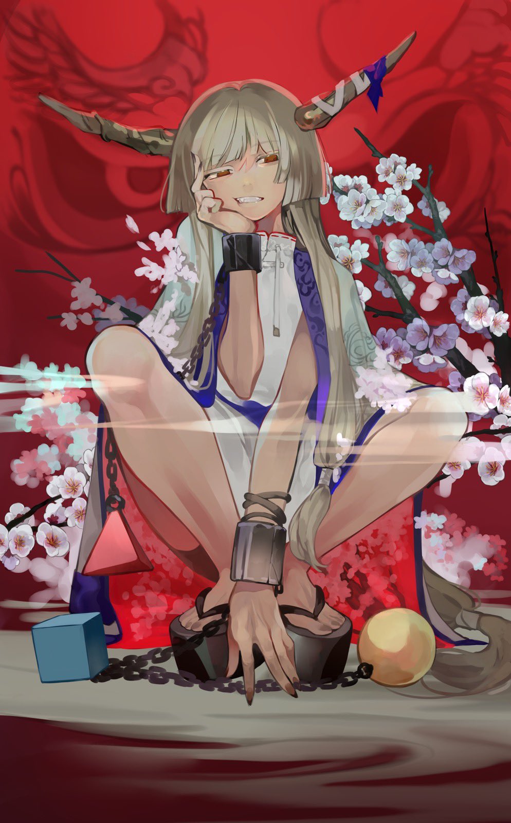 1girl black_footwear blonde_hair blunt_bangs brown_horns brown_nails chain cherry_blossoms clenched_teeth cube cuffs dragon fangs fingernails hand_on_own_cheek hand_on_own_face haori highres horns ibuki_suika japanese_clothes long_hair low-tied_long_hair orb platform_footwear pyramid_(geometry) red_background red_eyes risui_(suzu_rks) shackles sharp_fingernails shirt solo squatting teeth touhou very_long_hair white_shirt