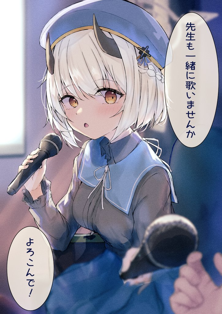 1girl 1other black_horns blue_archive blue_dress blue_headwear breasts demon_horns dress halo hat holding holding_microphone horns karappo_(poket12) long_sleeves looking_at_viewer medium_breasts microphone open_mouth sena_(blue_archive) short_hair solo_focus speech_bubble translation_request white_hair yellow_eyes