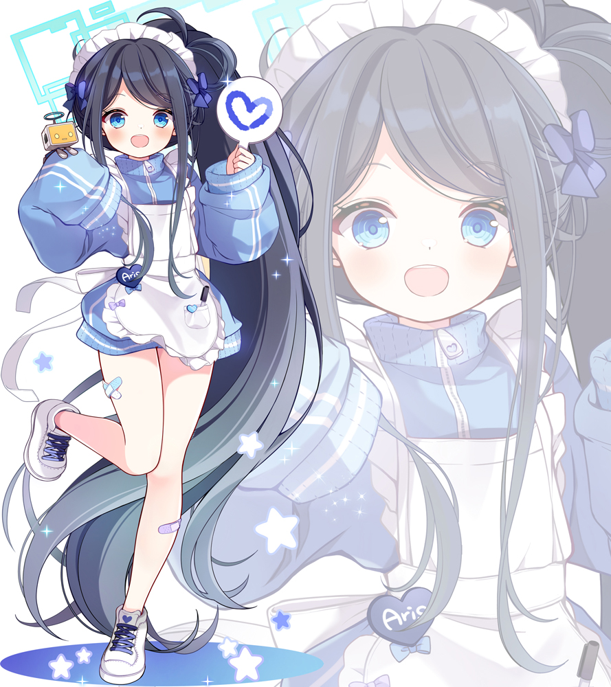 &lt;key&gt;_(robot)_(blue_archive) 1girl absurdly_long_hair alternate_costume apron aqua_halo aris_(blue_archive) bandaid bandaid_on_leg bare_legs black_hair blue_archive blue_eyes commentary foot_up frilled_apron frills holding jacket jersey_maid long_hair long_sleeves looking_at_viewer maid maid_apron maid_headdress open_mouth shoes side_ponytail simple_background sleeves_past_fingers sleeves_past_wrists sneakers square_halo standing standing_on_one_leg subin_(subin_2011) teeth track_jacket unconventional_maid upper_teeth_only very_long_hair white_apron white_background white_footwear zoom_layer