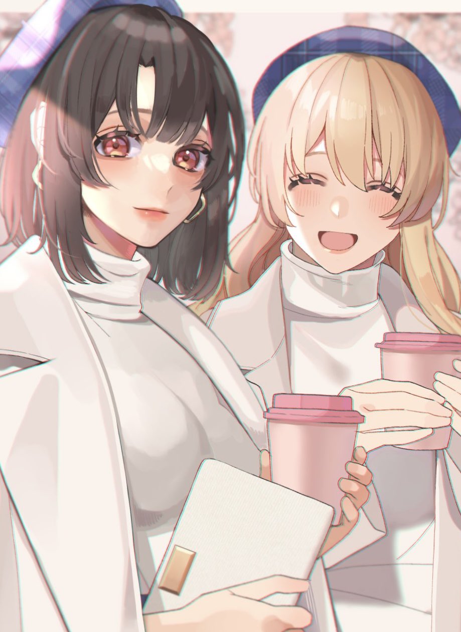 2girls alternate_costume atago_(kancolle) beret black_hair blonde_hair blue_headwear blush breasts brown_eyes closed_eyes closed_mouth cup disposable_cup earrings hair_between_eyes hat highres holding holding_cup jacket jewelry kantai_collection kozu_(bloomme1_me) large_breasts lips long_hair long_sleeves looking_at_viewer multiple_girls open_clothes open_mouth short_hair sweater takao_(kancolle) turtleneck turtleneck_sweater upper_body white_sweater