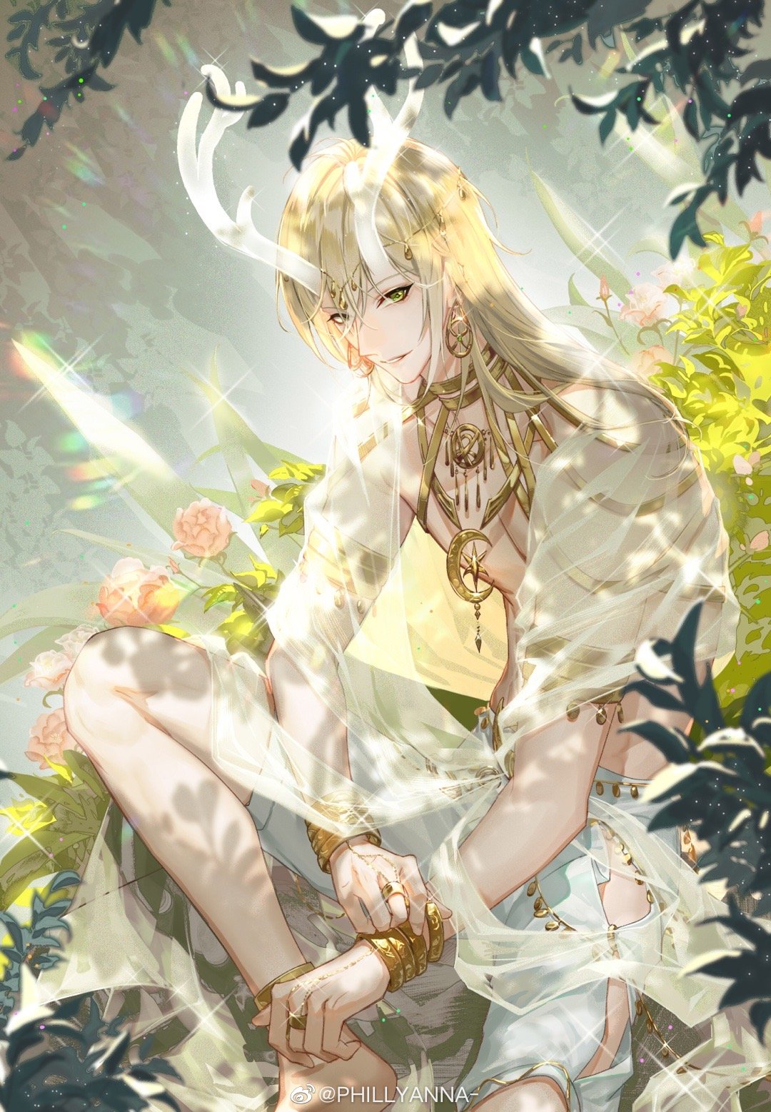 1boy alkaid_mcgrath anklet antlers armlet bangle barefoot belly_chain blonde_hair bracelet bush circlet crescent crescent_necklace earrings feet_out_of_frame flower glint gold_bracelet gold_earrings gold_necklace green_eyes hair_between_eyes highres hoop_earrings horns jewelry light_particles looking_at_viewer lovebrush_chronicles male_focus medium_hair multiple_rings nature necklace on_ground outdoors parted_lips phillyanna pink_flower pink_rose plant ring rose see-through see-through_shawl shawl shorts sitting smile solo sparkle topless_male tree weibo_logo weibo_username white_shawl white_shorts