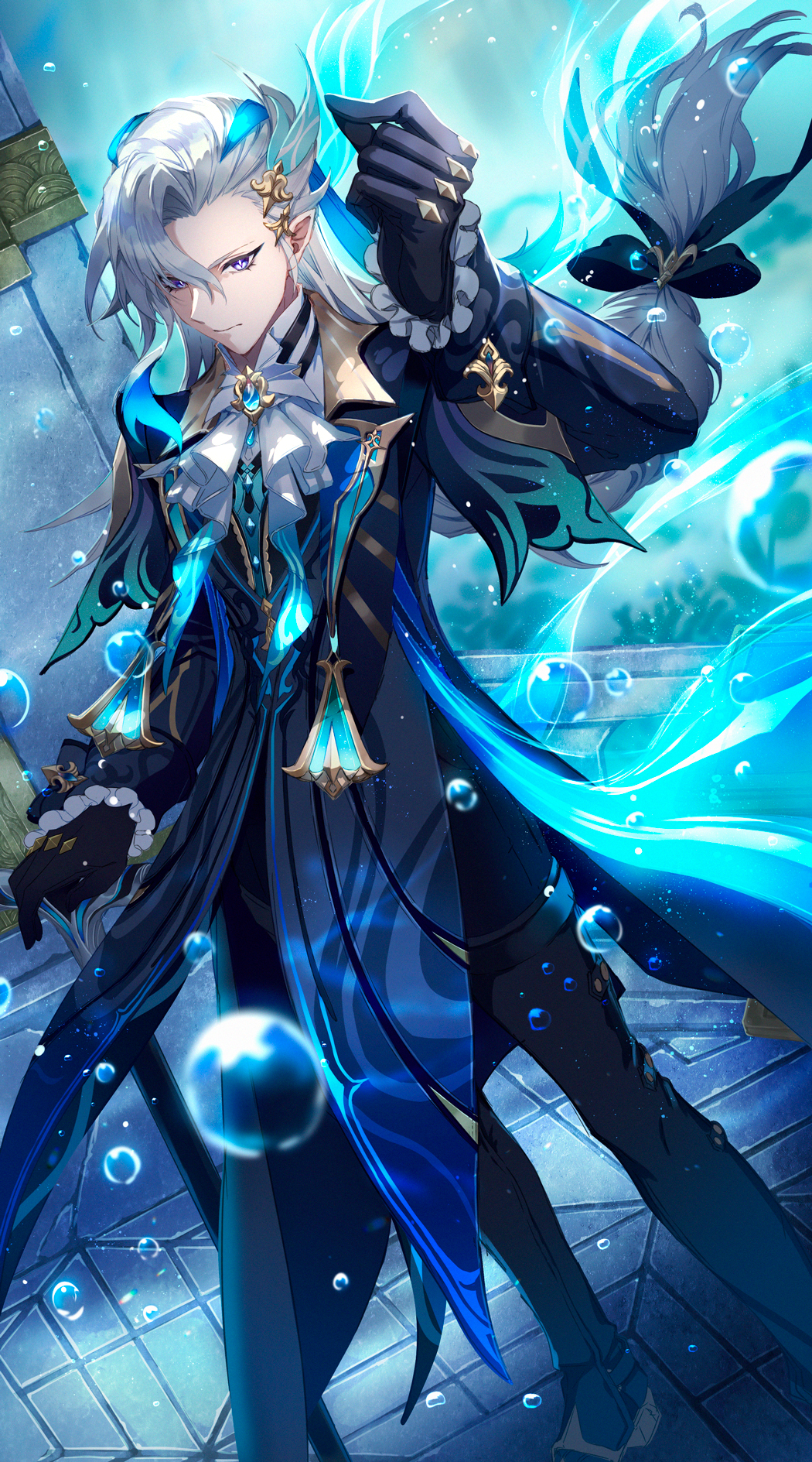 1boy air_bubble ascot black_gloves black_pants blue_brooch blue_coat blue_gemstone blue_hair bubble cane coat expressionless feather_hair_ornament feathers gem genshin_impact gloves hair_ornament highres holding holding_cane lapels light_blue_hair long_hair male_focus mito_itsuki multicolored_hair neuvillette_(genshin_impact) pants snapping_fingers solo streaked_hair underwear violet_eyes white_ascot white_hair