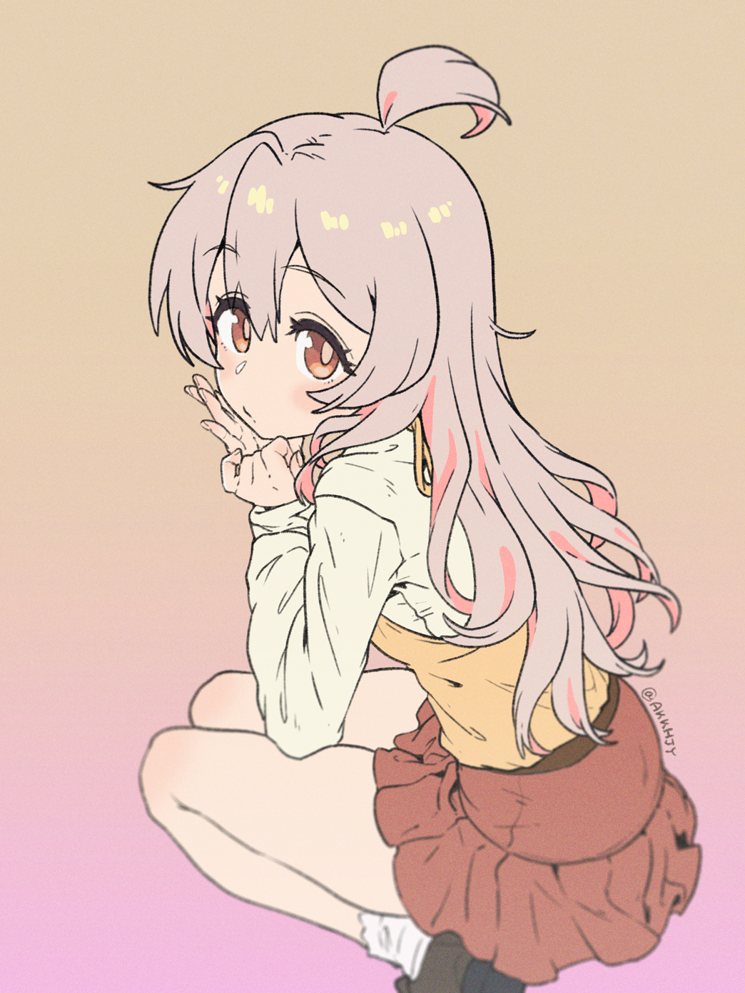 1girl ahoge artist_name blush brown_eyes closed_mouth from_side genderswap genderswap_(mtf) hair_between_eyes hand_on_own_cheek hand_on_own_face highres long_hair long_sleeves looking_at_viewer matado_(almukha) multicolored_background onii-chan_wa_oshimai! oyama_mahiro pink_hair red_skirt skirt socks solo squatting vest white_socks