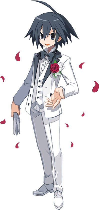 1boy ahoge almaz_von_almadine_adamant black_bow black_bowtie black_hair bow bowtie disgaea disgaea_rpg flower formal gloves hair_between_eyes looking_at_viewer male_focus official_art open_mouth pants petals red_flower red_rose rose shirt single_glove smile suit transparent_background white_footwear white_gloves white_pants white_suit