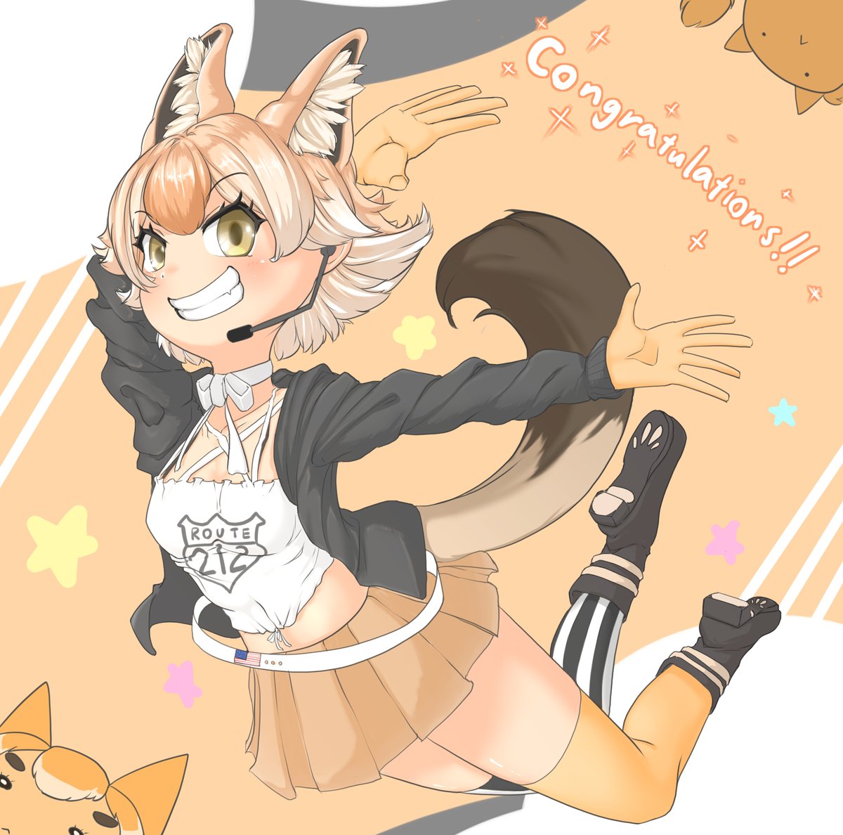 1girl animal_ears belt blonde_hair boots camisole coyopotato coyote_(kemono_friends) extra_ears full_body gloves jacket kemono_friends kemono_friends_v_project looking_at_viewer microphone orange_ardy1203 orange_background short_hair simple_background skirt tail thigh-highs virtual_youtuber wolf_ears wolf_girl wolf_tail yellow_eyes