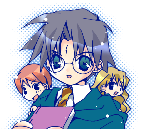 1girl 2boys alpha_transparency animification bad_id black_eyes black_hair book brown_hair brown_necktie collared_shirt diagonal-striped_clothes diagonal-striped_necktie glasses green_eyes green_robe hands_up happy harry_potter harry_potter_(series) hermione_granger holding holding_book hooded_robe koge_donbo long_hair looking_at_viewer lowres male_focus multiple_boys necktie open_mouth orange_hair polka_dot polka_dot_background robe ron_weasley round_eyewear scar scar_on_face scar_on_forehead shirt short_hair smile striped_clothes upper_body white_shirt wizarding_world