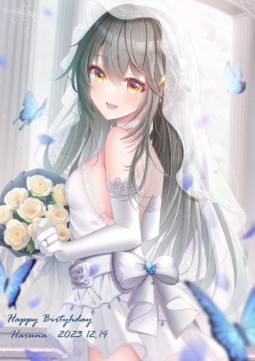 1girl :d alternate_costume black_hair blue_butterfly bouquet breasts bug butterfly character_name column cowboy_shot dress flower from_behind hair_ornament hairband hairclip happy_birthday haruna_(kancolle) kantai_collection long_hair looking_at_viewer pillar rose smile solo strapless strapless_dress white_dress white_flower white_hairband white_rose yellow_eyes zangetsu_yuki_yuki