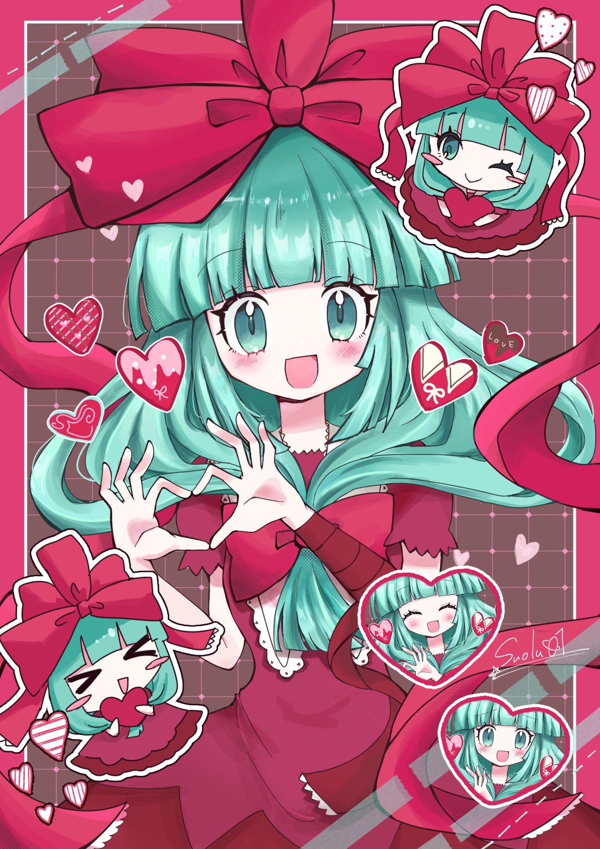 &gt;_&lt; 1girl :d arm_ribbon artist_name blunt_bangs blush blush_stickers border bow chibi chibi_inset commission dress front_ponytail green_eyes green_hair grid_background hair_bow hair_ribbon hands_up heart heart_hands highres kagiyama_hina long_hair looking_at_viewer multiple_views open_mouth outside_border own_hands_together red_border red_bow red_dress red_ribbon ribbon signature skeb_commission smile suolu01 touhou